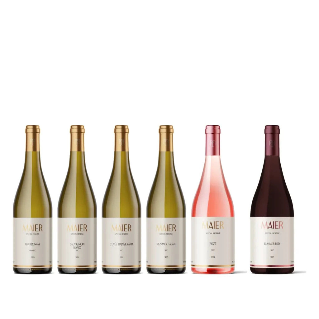 Pachet cu 6 sticle de vin Crama Maier: Chardonnay, Sauvignon Blanc, Cuvee Transilvania, Riesling Italian, Roze și Summer Red